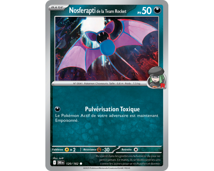 Nosferapti de la Team Rocket Pv 50 120/182 – Carte Commune Reverse – Écarlate et Violet Rivalités Destinées Nosferapti de la Team Rocket Pv 50 120/182 – Carte Commune Reverse – Écarlate et Violet Rivalités Destinées