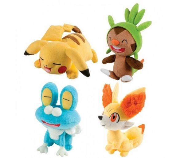 Lot de 4 peluches pokémon XY 25 cm : Pikachu + Marisson + Grenousse + Feunnec