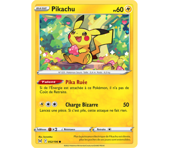 Pikachu Pv 60 - 052/196 - Carte Commune - Épée et Bouclier - Origine Perdue