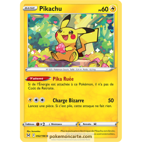 Pikachu Pv 60 - 052/196 - Carte Commune - Épée et Bouclier - Origine Perdue