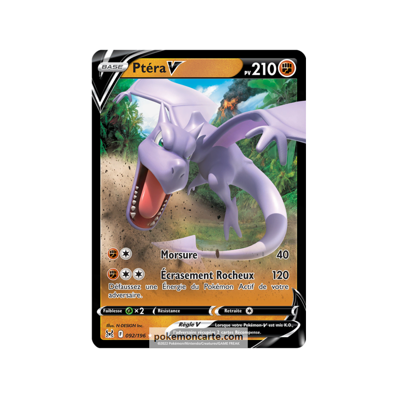 Carte Pokémon Ptéra V 092/196 Double Rare - Épée Et Bouclier 11 Origine Perdue - Neuve Et Originale